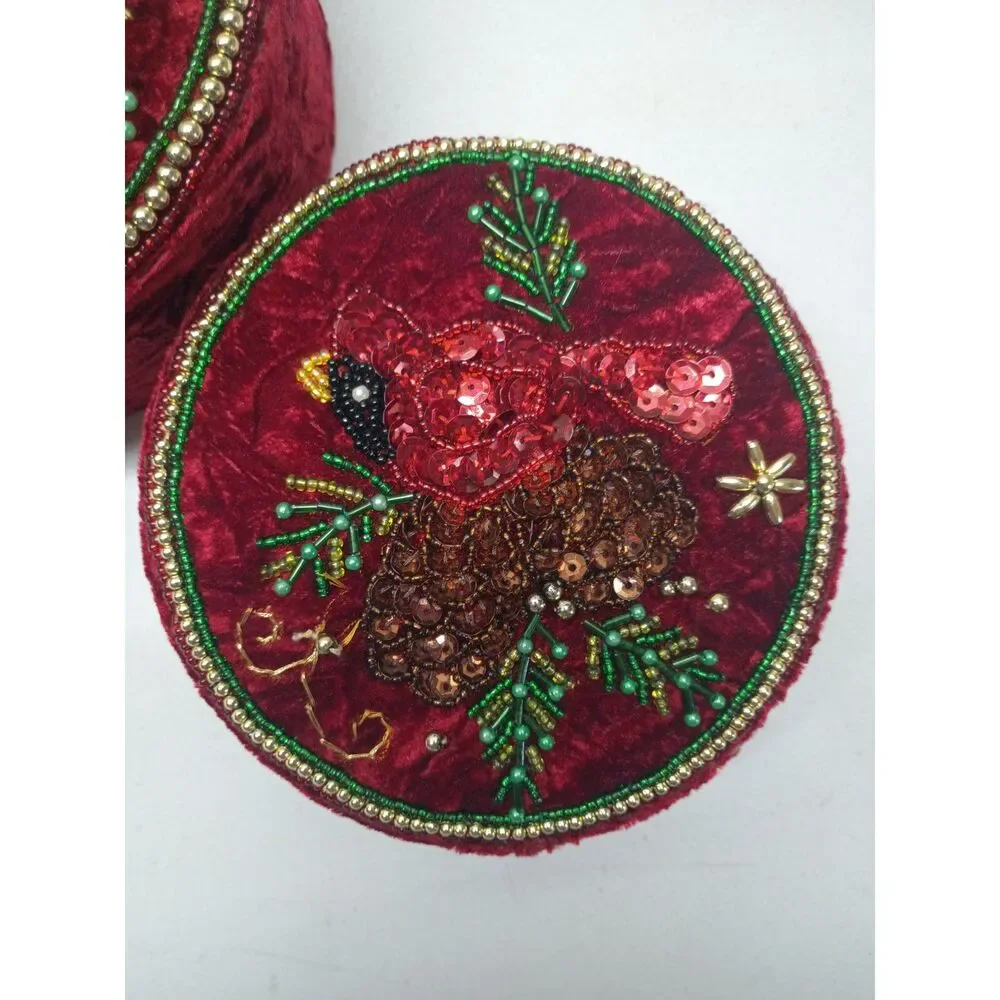 Vintage Red Velvet Christmas Gift Boxes Trinket Home Decor Cardinals Stackable